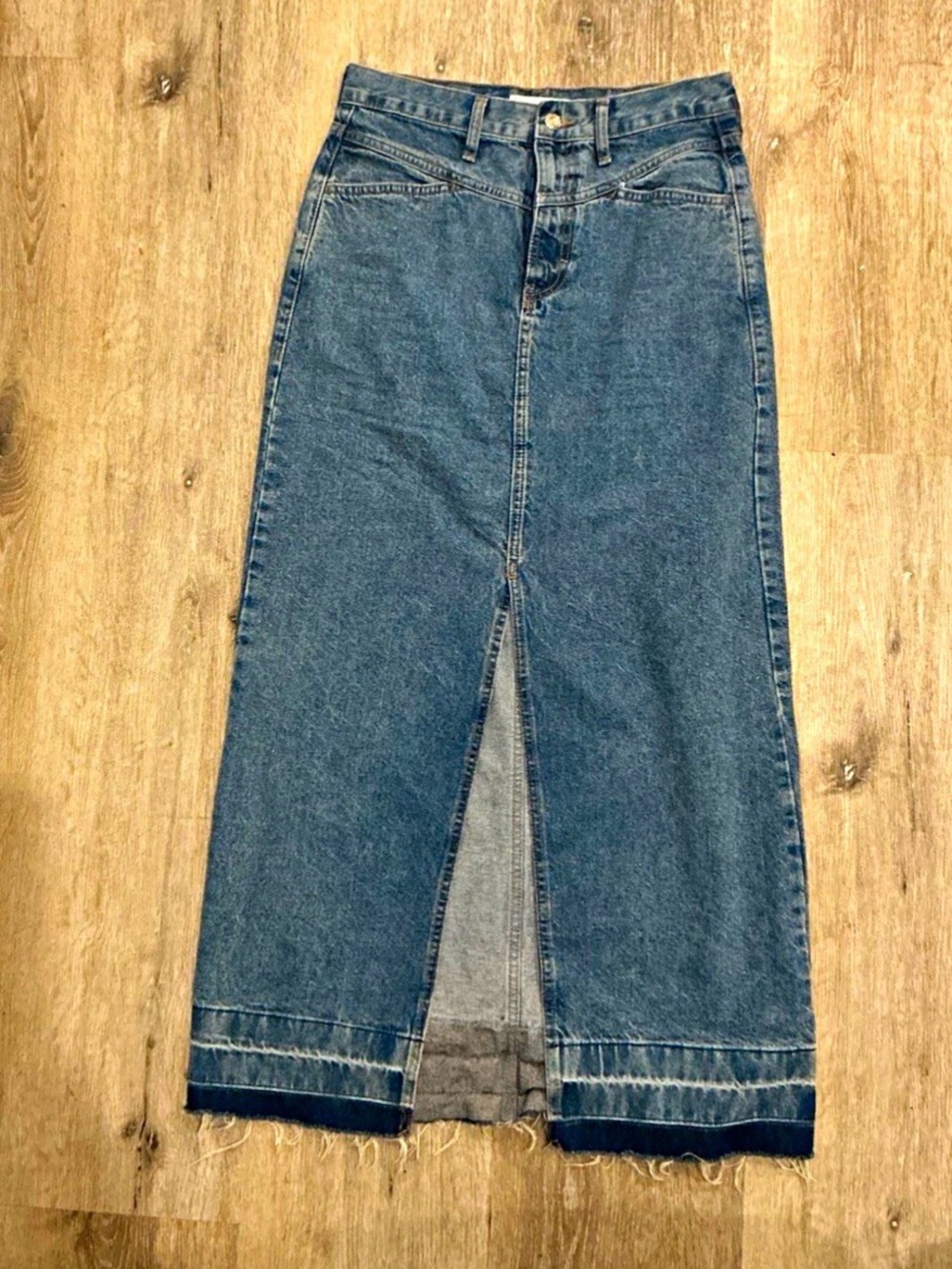 Mango MNG Blue High-Waist Denim Maxi Skirt with Front Slit Raw Hem size M